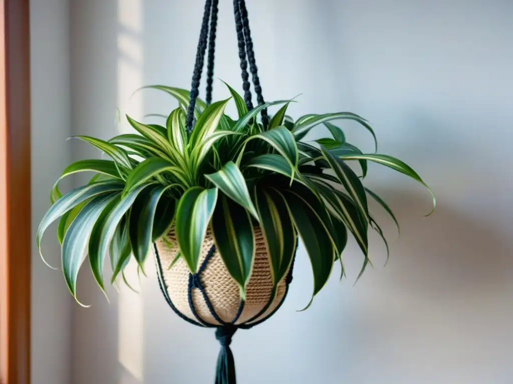 Detalle de una exuberante planta araña en macramé, iluminada por luz natural