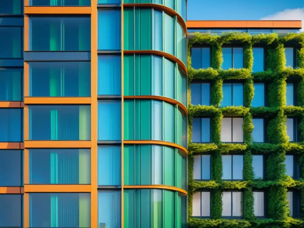 Detalle de fachada de edificio verde moderno con paneles solares, muros verdes y ventanas energéticamente eficientes