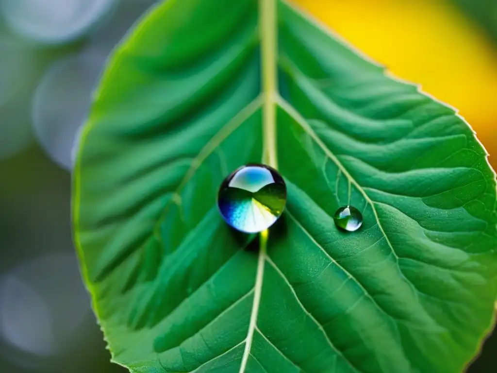 Detalle fascinante de una gota de lluvia en una hoja verde, reflejando un jardín vibrante