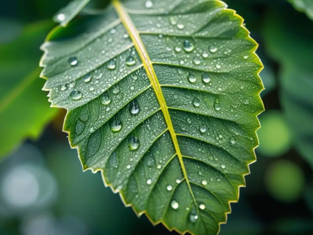 Un detalle fascinante de una hoja verde cubierta de rocío, con juegos de luz y sombra