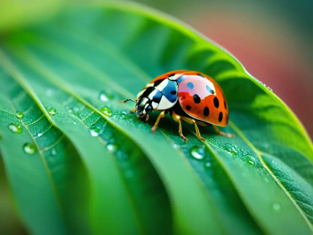 Detalle hermoso de una mariquita en una hoja verde con gotas de agua bajo la luz matutina, en un jardín sostenible: ciclo de vida