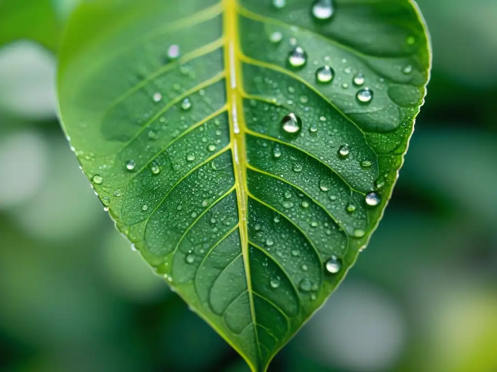 Detalle de una hoja verde con gotas de agua brillantes, resaltando la importancia del agua en las técnicas de riego sostenible en jardines