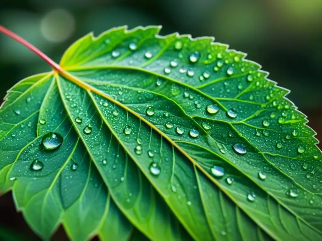 Detalle de una hoja verde vibrante con venas y gotas de agua brillando al sol, ejemplificando la belleza de estrategias de sombreado ecológicas