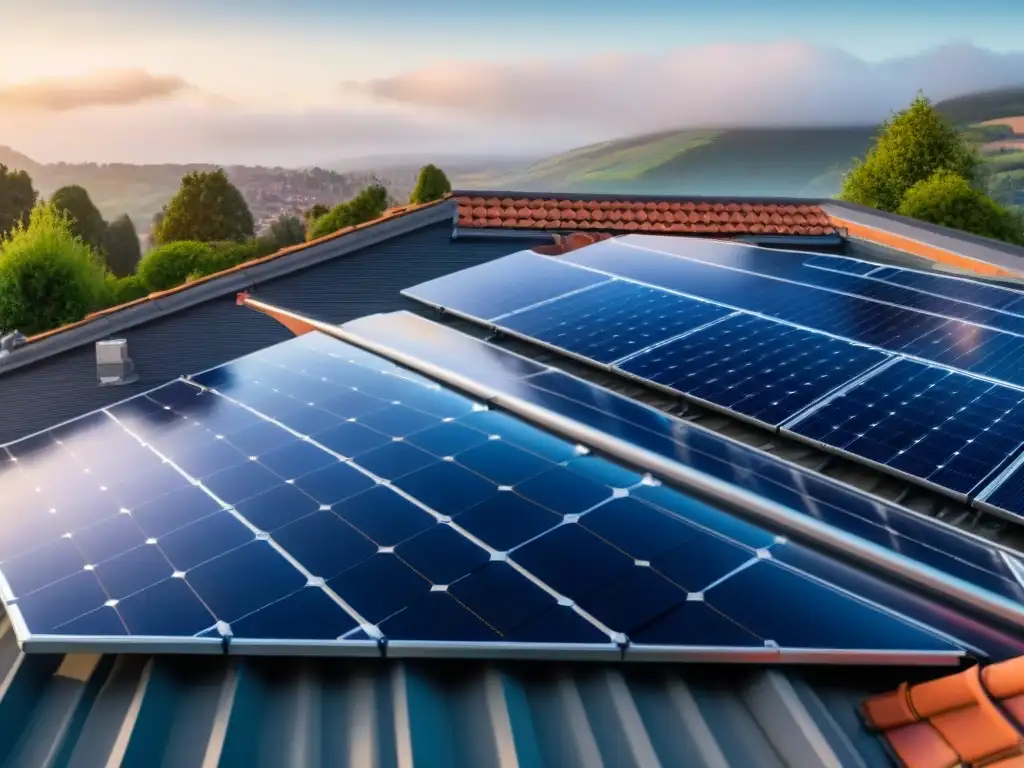 Detalle de una instalación de paneles solares en el techo de una casa moderna, conectados a la red eléctrica