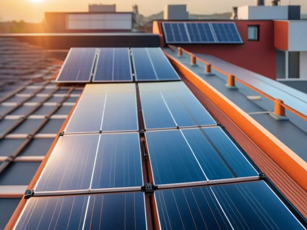 Detalle de instalación de paneles solares en tejado residencial, reflejando la luz solar