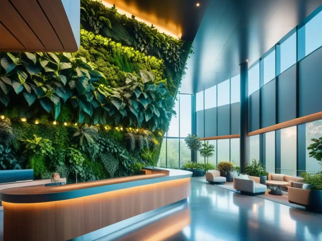 Detalle de lobby ecofriendly futurista con arquitectura sostenible