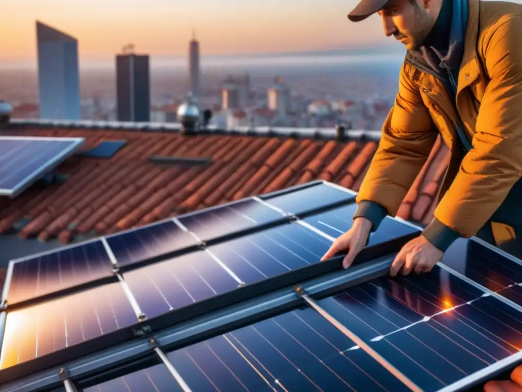 Un detalle de mano ajustando panel solar al atardecer