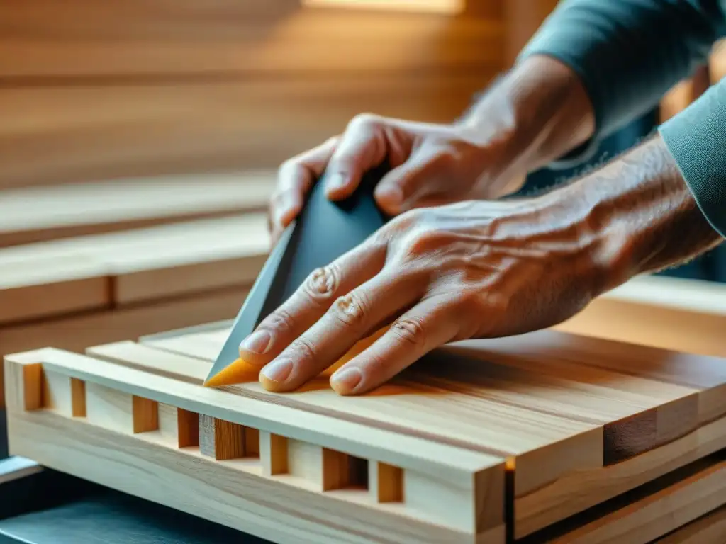 Detalle de manos de carpintero moldeando madera laminada cruzada, mostrando artesanía y beneficios de este material sostenible