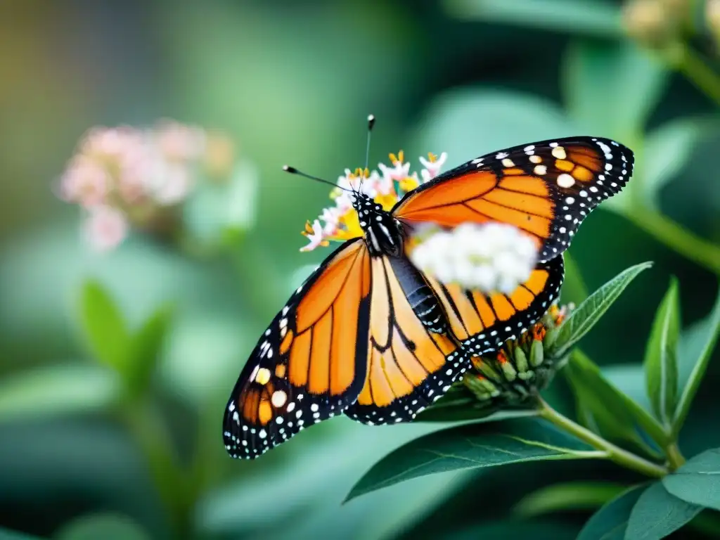 Detalle de mariposa monarca en planta de leche, muestra impacto ambiental plantas nativas en jardín biodiverso