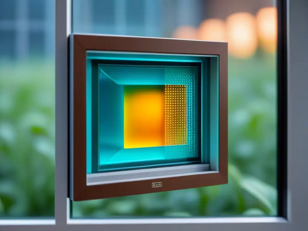 Detalle microscópico de ventana inteligente sostenible, con sensores y mecanismos para eficiencia energética