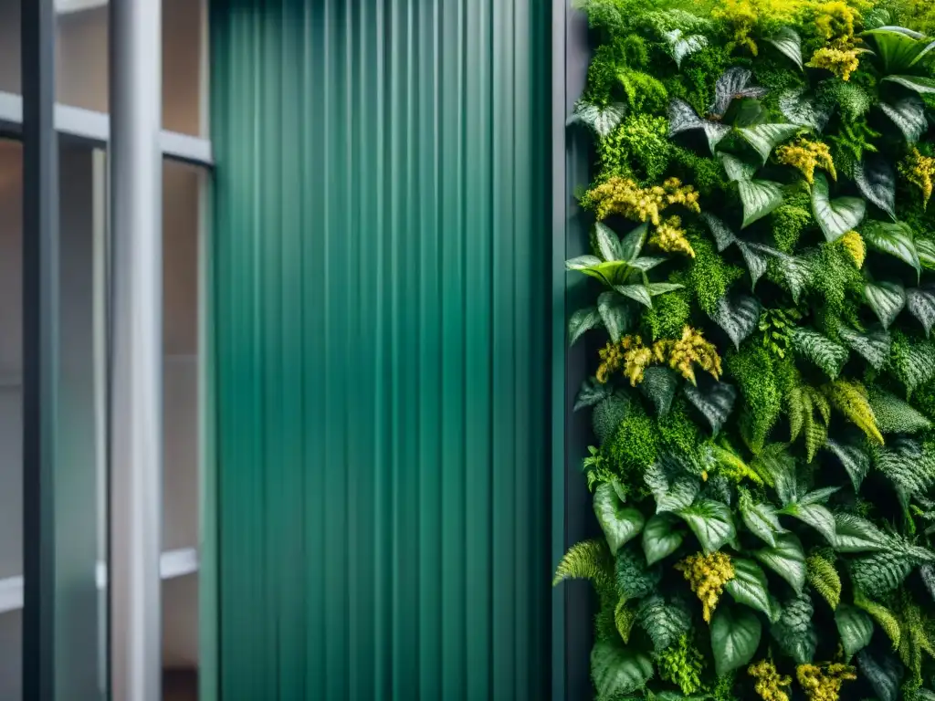 Detalle de un muro verde en casa ecológica, con plantas vibrantes creando un ambiente calmante