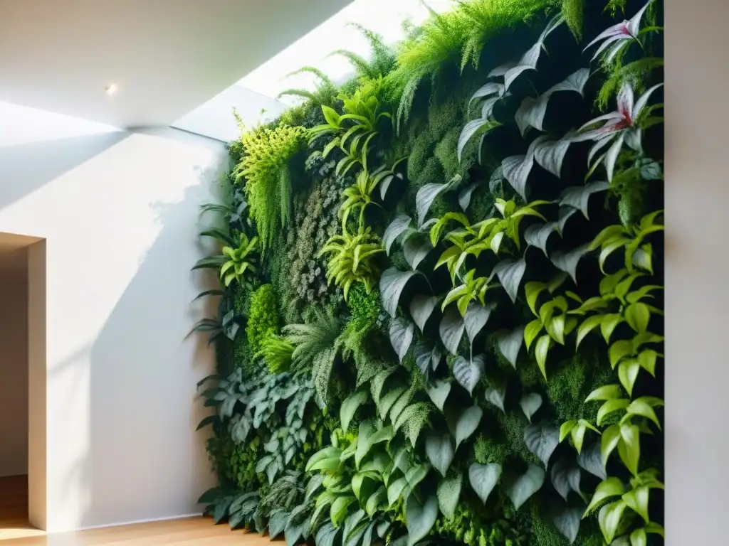 Detalle de un muro verde en una vivienda ecológica: evolución y diseño con plantas exuberantes y sistema de riego innovador