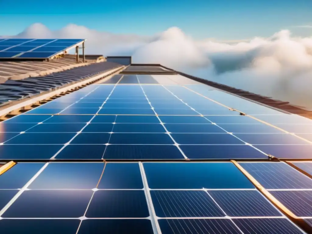 Detalle de paneles solares en tejado, reflejando luz solar con cielo azul claro al fondo, simbolizando inversión en energía limpia sostenible