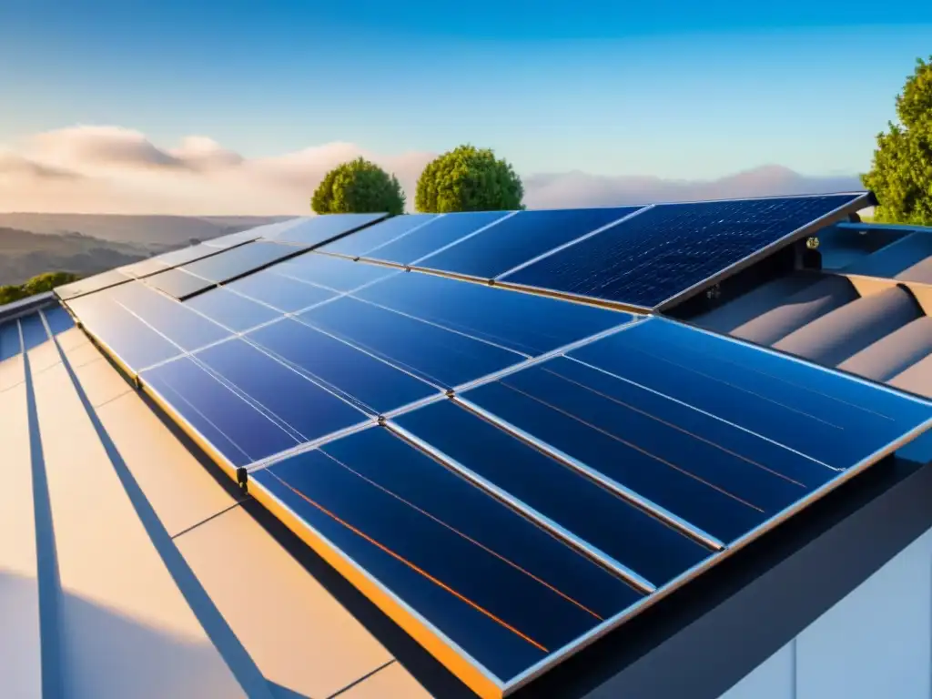 Detalle de paneles solares en tejado de vivienda sostenible, reflejando luz solar con cielo azul de fondo