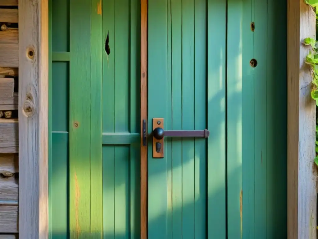 Detalle de una puerta de madera envejecida con pintura descascarada, resaltando la belleza de lo imperfecto