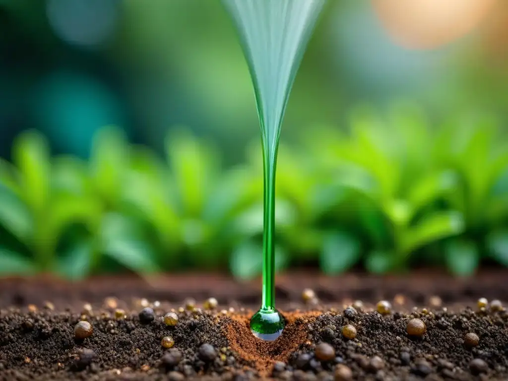 Detalle de sistema de riego por goteo en acción, con gotas de agua cayendo suavemente sobre la tierra junto a plantas vibrantes en un jardín