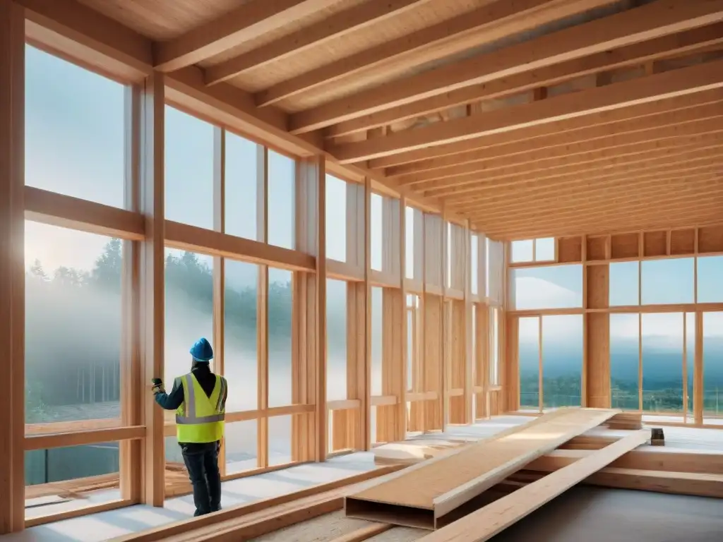 Detalle de construcción sostenible con madera certificada en edificio moderno en proceso