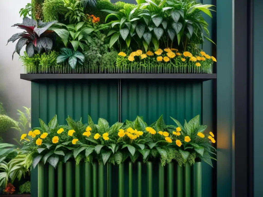 Detalle de jardín interior sostenible con variedad de plantas vibrantes y raíces intrincadas en perfecta armonía ecofriendly