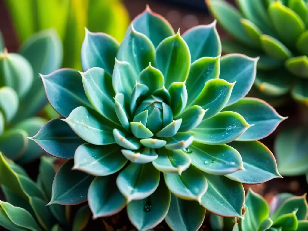 Detalle de suculenta verde con gotas de agua, para jardinería sostenible en oasis verde