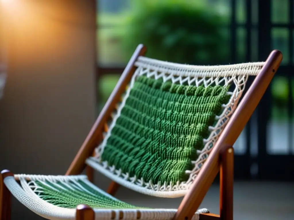 Detalle del tejido de una silla de cáñamo sostenible, resaltando su diseño ecológico en tonos terrosos