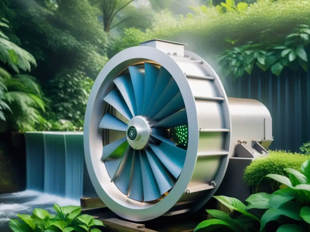 Detalle de una turbina hidroeléctrica en un jardín, mostrando la generación de energía limpia