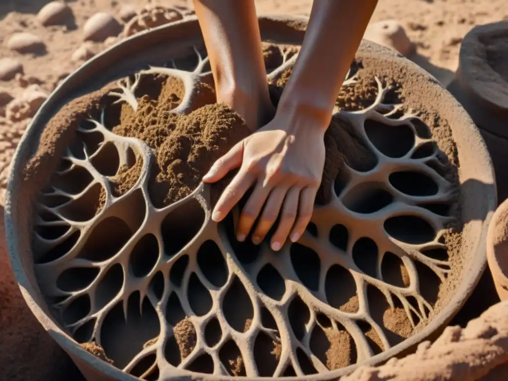 Detalle único de bioconstrucción con tierra, manos expertas moldean arcilla bajo la luz solar