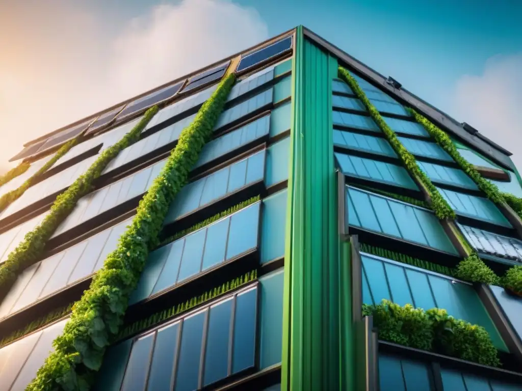 Detalle de construcción verde innovadora con paneles solares, muros verdes y sistemas de recolección de agua de lluvia, bañados en suave luz natural