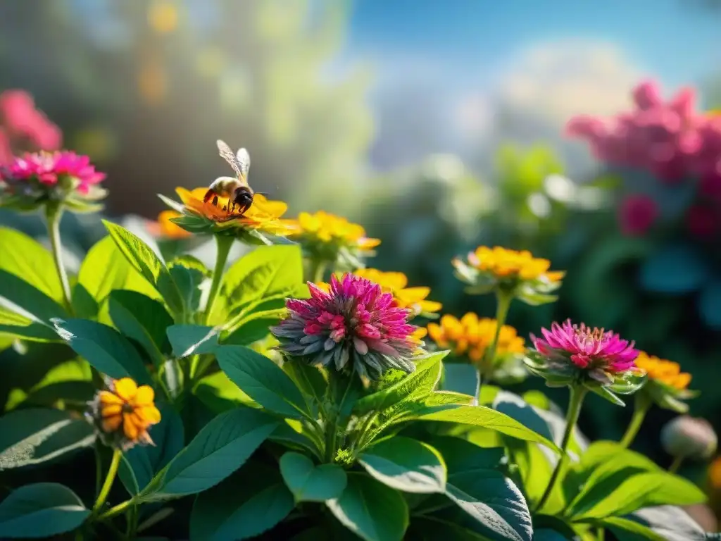 Detalle vibrante: abejas y mariposas en jardín lleno de flores, destacando la importancia de la naturaleza