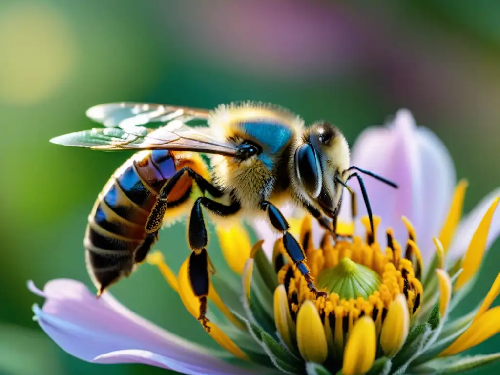 Detalle vibrante de una flor con abeja recolectando polen, resaltando la importancia de abejas en un jardín sostenible