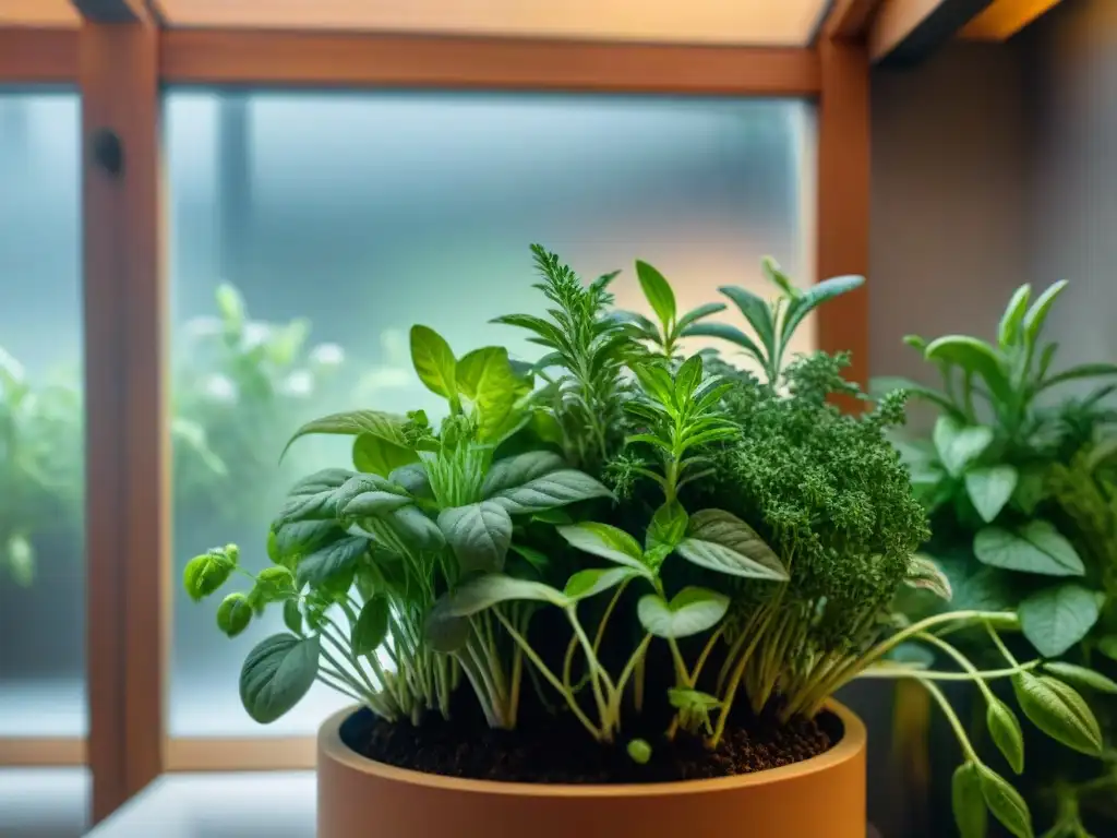 Detalle vibrante de hierbas verdes en huerto urbano interior, con crecimiento saludable y luz cálida