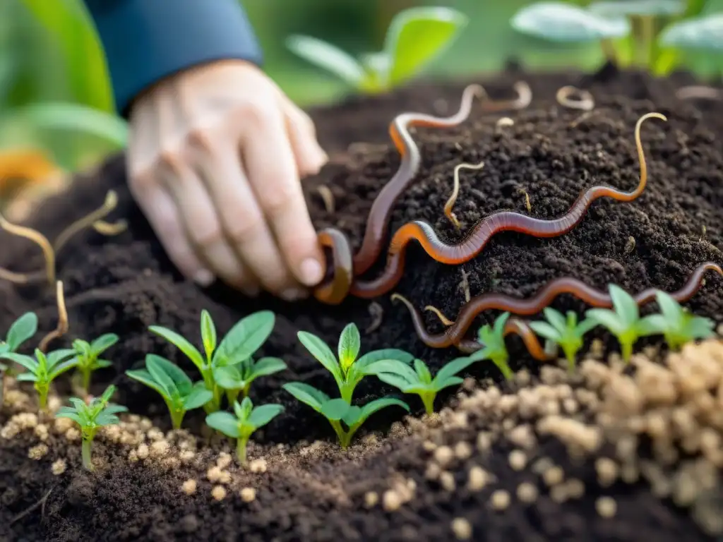 Detalle vibrante de un suelo saludable y diverso, vital para un jardín sostenible