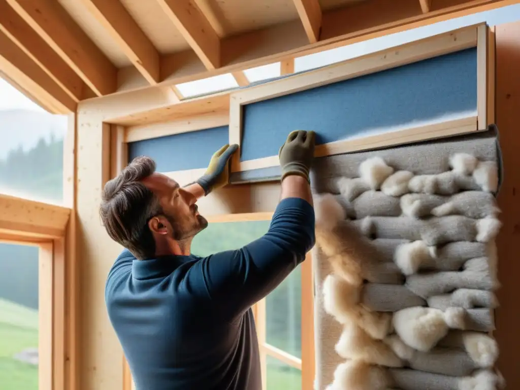 Detalles del aislamiento térmico en vivienda sostenible con lana de oveja y denim reciclado, mostrando la destreza y calidez del proceso