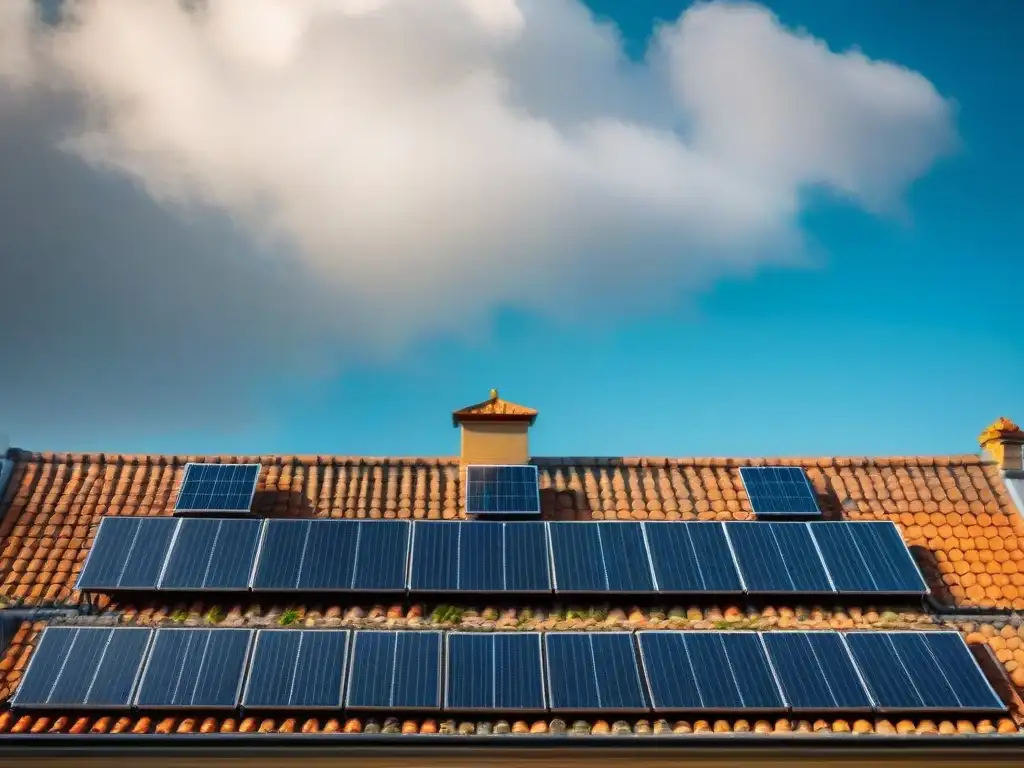 Detalles arquitectónicos de un edificio histórico con paneles solares integrados, simbolizando la fusión de tradición y sostenibilidad