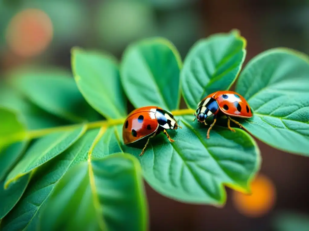 Detalles fascinantes: mariquitas en hojas verdes Detalles asombrosos de mariquitas en hojas verdes, en un jardín sostenible
