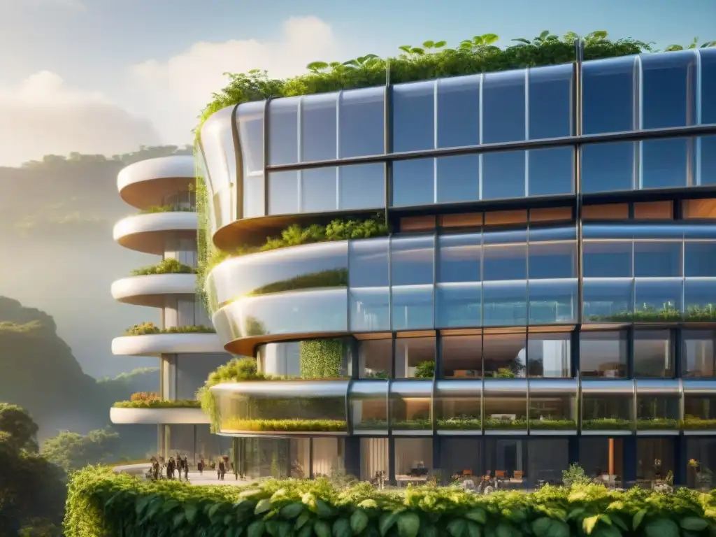 Detalles futuristas de edificio sostenible con paneles solares, vegetación y arquitectos discutiendo sobre sostenibilidad en valoración de propiedades