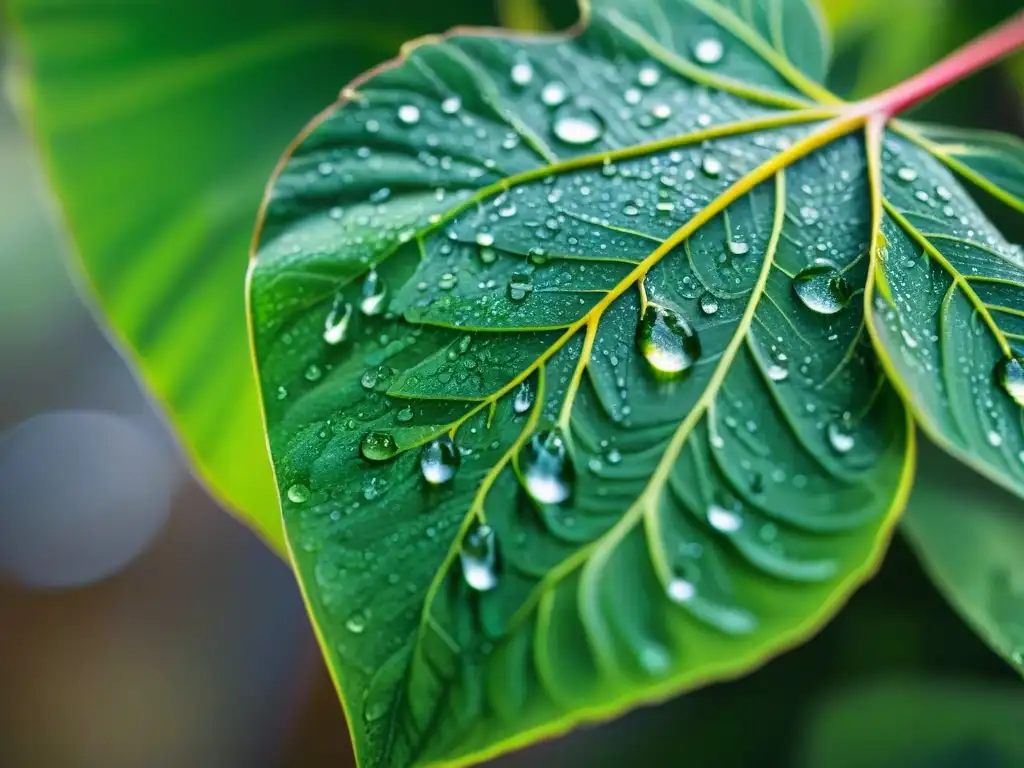 Detalles de gotas de lluvia en hojas verdes con efecto de prisma y redes de venas, ideal para sistemas de recolección de agua