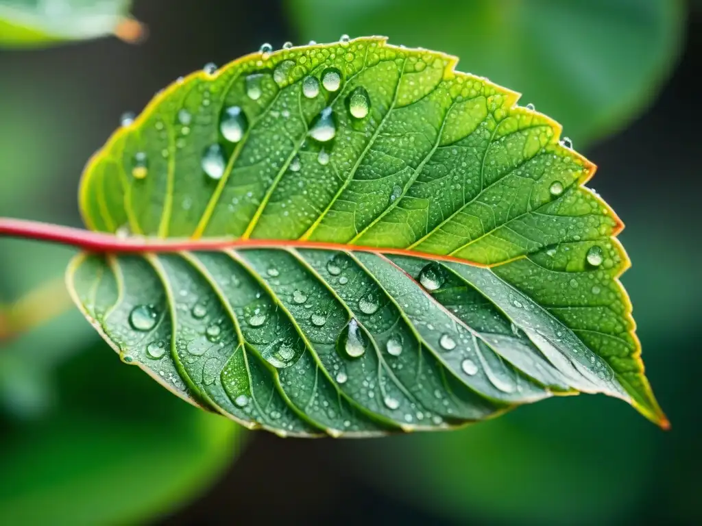 Detalles de una hoja verde con gotas de agua, resaltando sus venas y brillo al sol, capturando la conservación agua jardinería uso eficiente