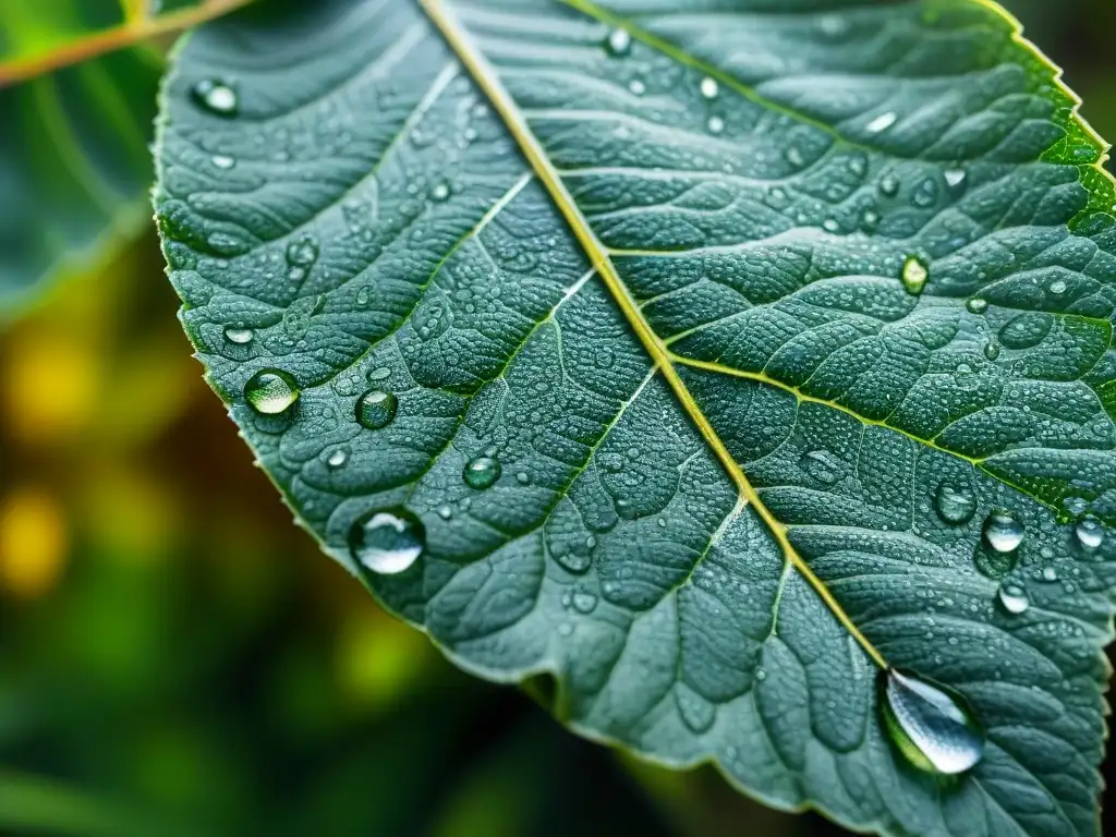 Detalles del rocío en hoja verde al amanecer, mostrando la regulación de la humedad en plantas para mejorar calidad aire interior