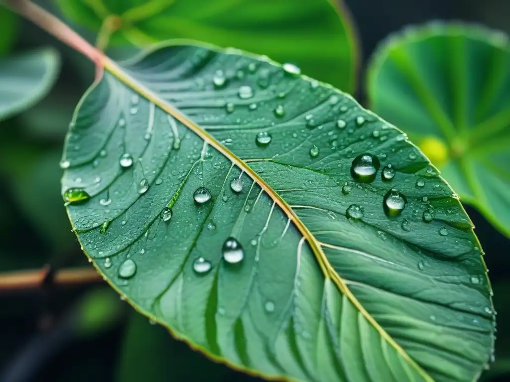 Detalles de hojas verdes con gotas de lluvia, resaltando la recolección agua lluvia huella ecológica