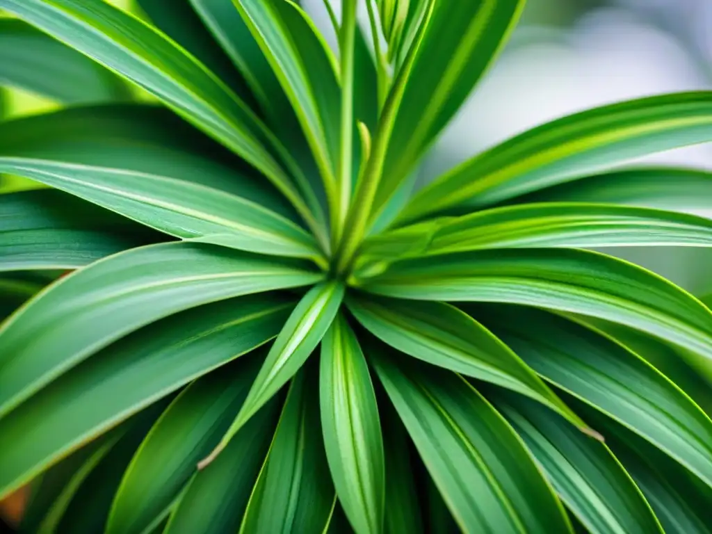 Detalles de hojas verdes de planta araña resaltando sus patrones y texturas, con luz suave realzando colores vibrantes