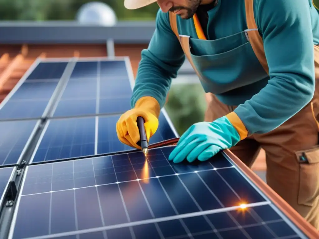 Detalles de instalación de paneles solares en casa ecológica con materiales sostenibles para vivienda