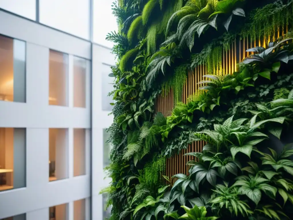 Detalles de un muro verde en atrio de edificio moderno, resaltando la armonía entre naturaleza y diseño sostenible en espacios transitorios