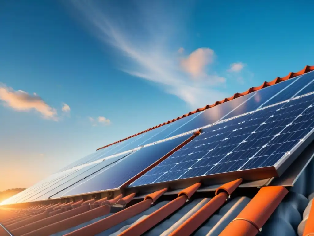 Detalles de paneles solares en casa sostenible, reflejando luz solar con cielo azul