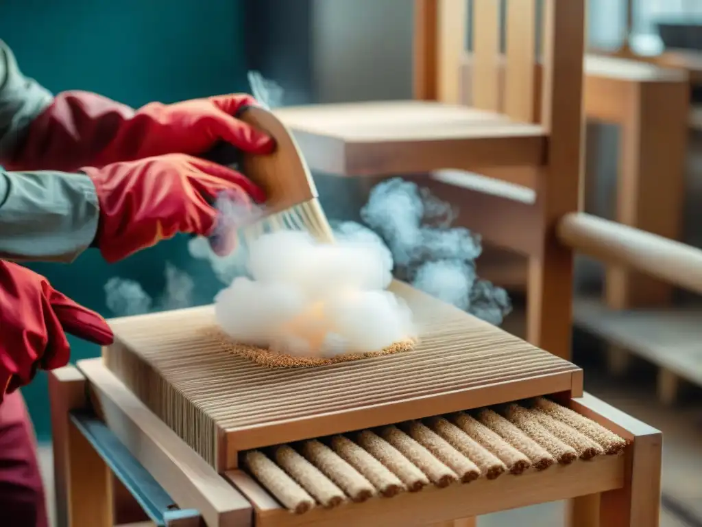 Detalles de una silla de madera tradicional siendo fabricada en una fábrica con trabajadores protegidos