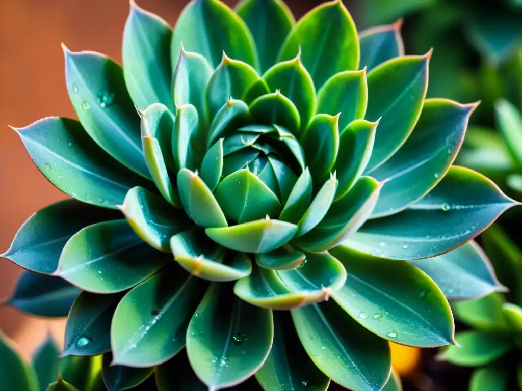 Detalles de una suculenta verde brillante con gotas de agua, patrones intrincados y texturas, bajo la luz solar