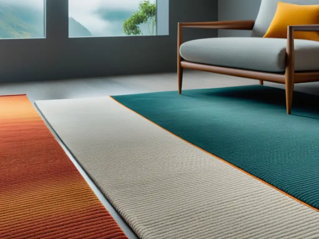 Detalles tejido ecológico: alfombra de diseño arquitectura con tintes naturales vibrantes en ambiente moderno iluminado