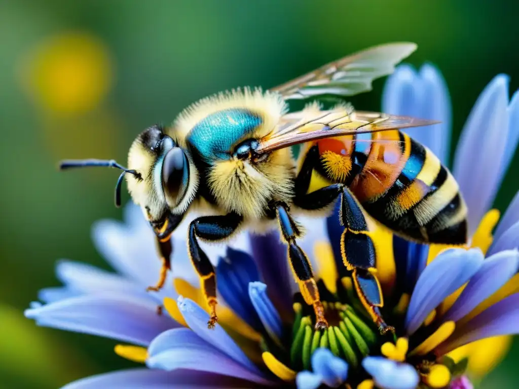 Detalles vibrantes de abeja cubierta de polen en flor silvestre, resalta la importancia de salvar abejas para la biodiversidad