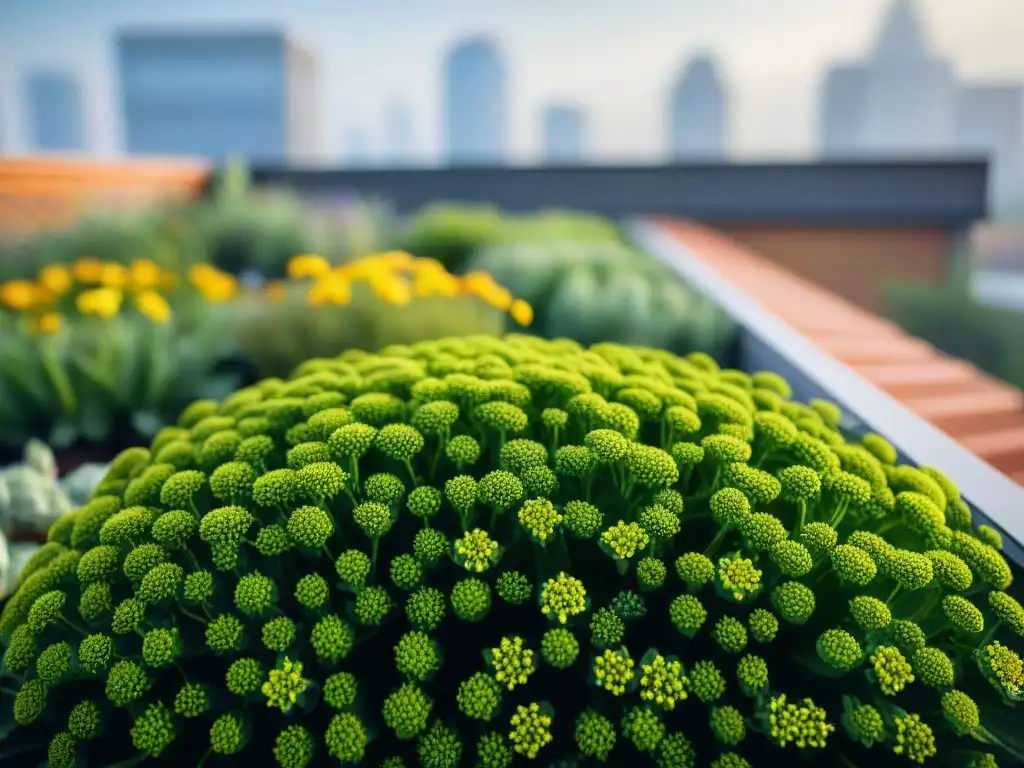 Detalles vibrantes de un jardín de azotea, mostrando cómo las adaptaciones ecológicas en vivienda impactan el entorno