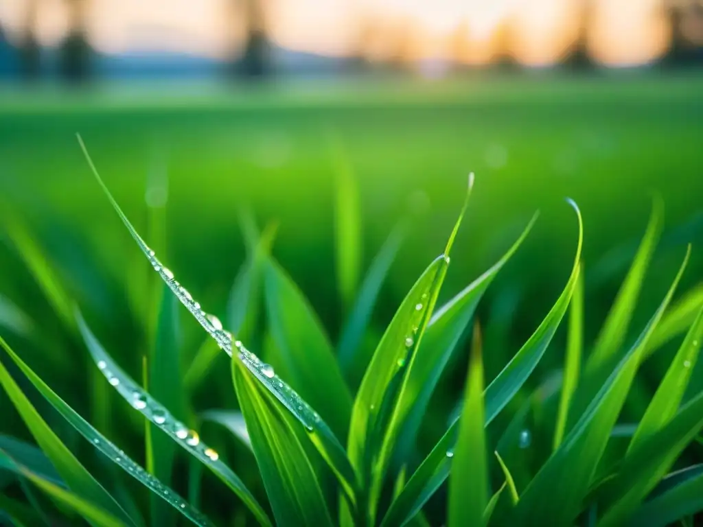 Detalles vibrantes del césped verde sostenible con rocío matutino