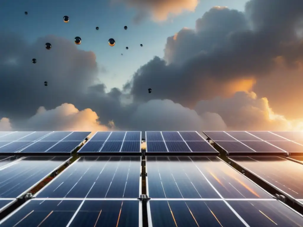 En un día nublado, las gotas de lluvia resbalan por los paneles solares, demostrando la eficiencia en días menos soleados